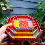 Handcrafted Multicolor Wooden Hexagon Serving Tray Set (Set of 3) - Image 4