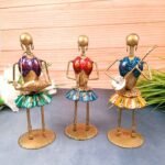 Metal Tribal Women Musician Showpiece Set of 3 – Traditional Folk Art Decorative Figurines