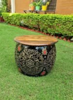 Handcrafted Metal Drum Coffee Table with Wooden Top – Decorative Round Accent Table - Image 2