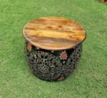 Handcrafted Metal Drum Coffee Table with Wooden Top – Decorative Round Accent Table - Image 4