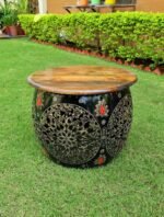 Handcrafted Metal Drum Coffee Table with Wooden Top – Decorative Round Accent Table - Image 3