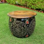 Handcrafted Metal Drum Coffee Table with Wooden Top – Decorative Round Accent Table