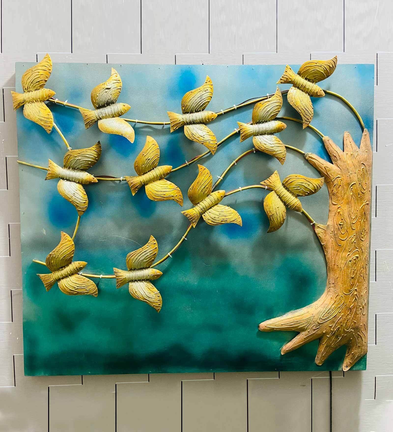 DC0974.jpg Golden Birds on Tree Metal Wall Art Panel - Image 1