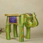 Hand-Painted Green Elephant Decorative Stool for Home Décor