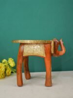 Handcrafted Wooden Elephant Stool with Brass Top - Image 3