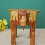 Handcrafted Wooden Elephant Stool with Brass Top