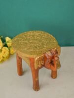 Handcrafted Wooden Elephant Stool with Brass Top - Image 2