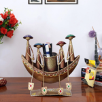 Handcrafted Metal Boat Pen Holder with Tribal Musicians