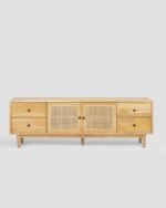 Jodhpur crafts Boho TV Stand for 65 Inch TV, Entertainment Center with Adjustable Shelf, Rattan TV Console with 2 Cabinets, Media Console, Solid Wood Feet, 4 Cord Holes, for Living Room - Natural