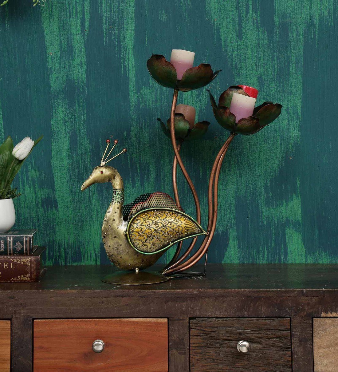DC0552-1 Jodhpur crafts Iron Decorative showpiece Peacock with 4 T-Lites Table Decor for Living Room/Hotel/restaurent/Home/Office/Dining/Gift - Image 1