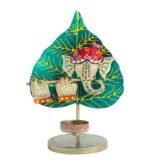 Jodhpur Crafts Iron Metal Ganesha Tealight Candle Holder with Leaf Backdrop – Golden & Green Decorative Diya Stand for Home Decor, Mandir, Tabletop & Diwali Festive Gift Item - Image 3