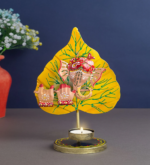 Jodhpur crafts Iron Metal Lord Ganesha on Yellow Leaf Tealight or Candle Holder Stand Idol Showpiece- Perfect for Pooja Room and Table Decor, Home Decoration, and Corporate Gift Items -11 Inches